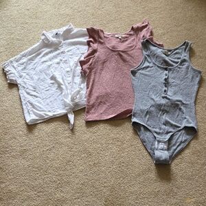 MADEWELL Lot of 3 Tops Sz S/M Pink Sleeveless, White Button Shirt, Grey Bodysuit